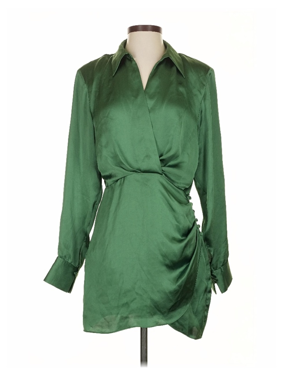 Zara Forest Green Satin Wrap-Style Long Sleeve Dress